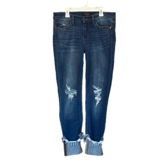 Judy Blue Denim - Judy Blue Skinny Fit Low Rise Cuffed Distressed Blue Jeans